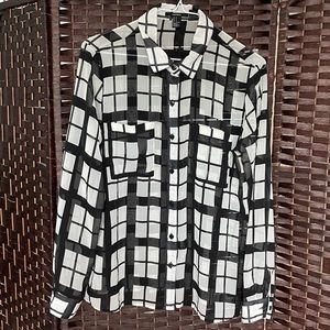 Forever 21 Sheer Black and White Plaid Long Sleeve Button Up Collared Shirt